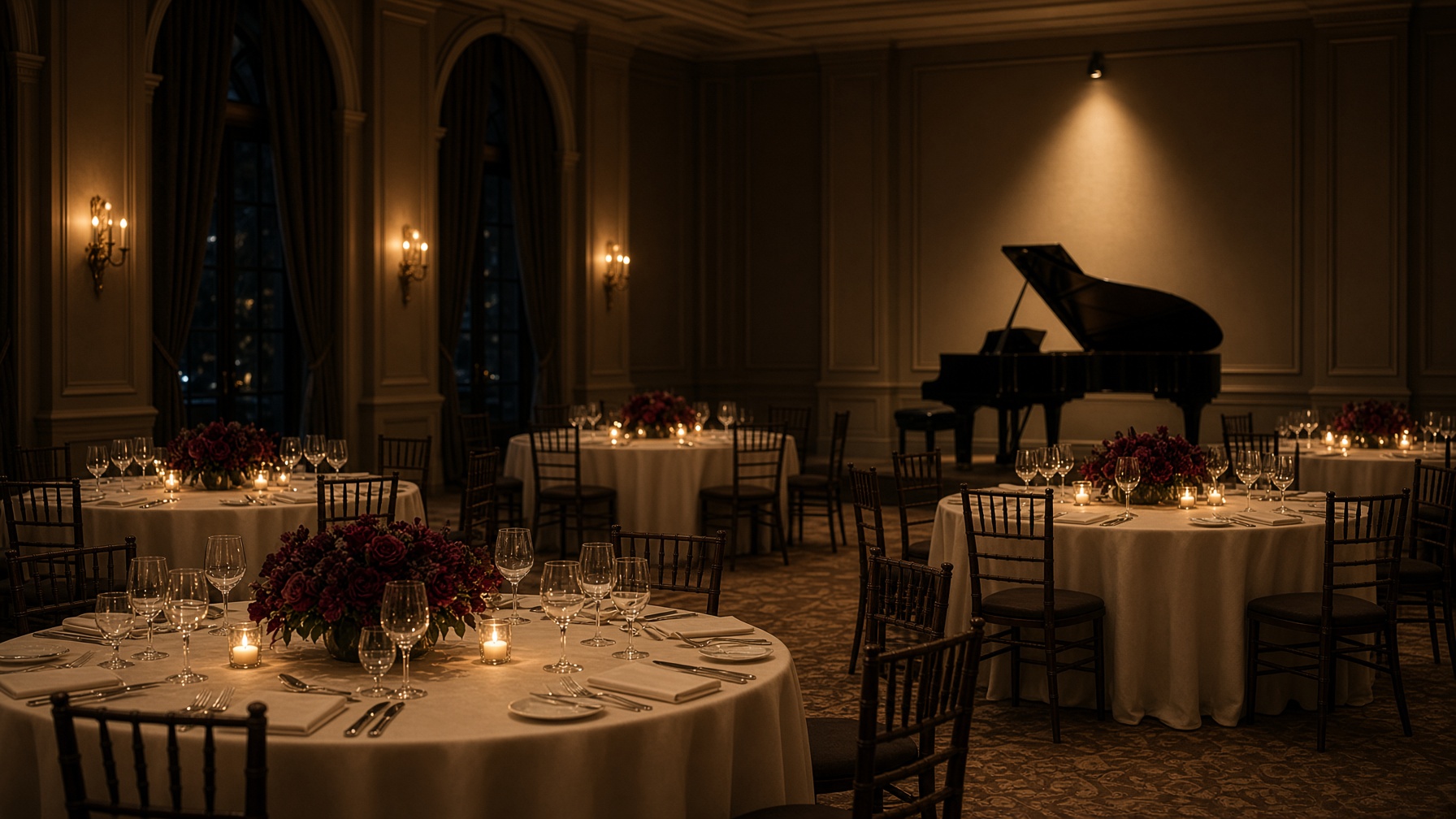 An evening banquet hall with cream linens, candlelight, and a piano waiting in the corner