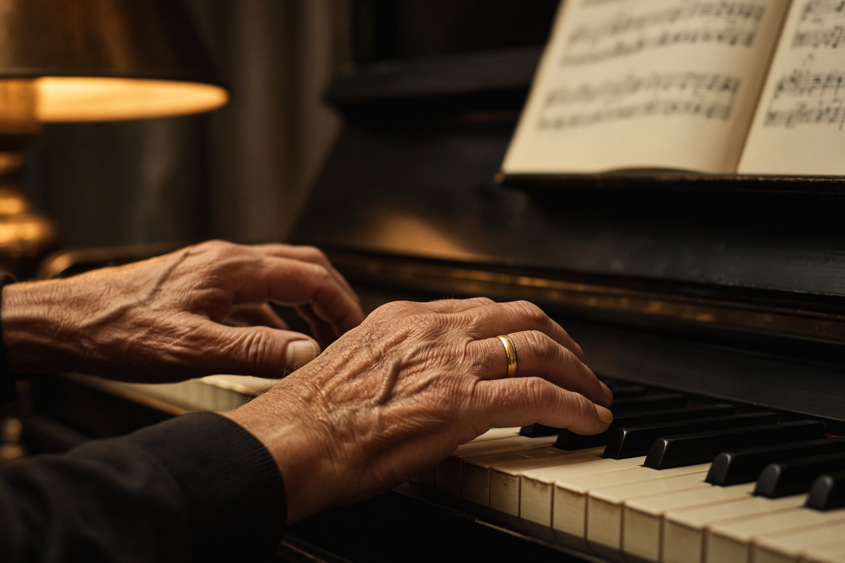 Close-up of hands playing piano keys in warm lamplight