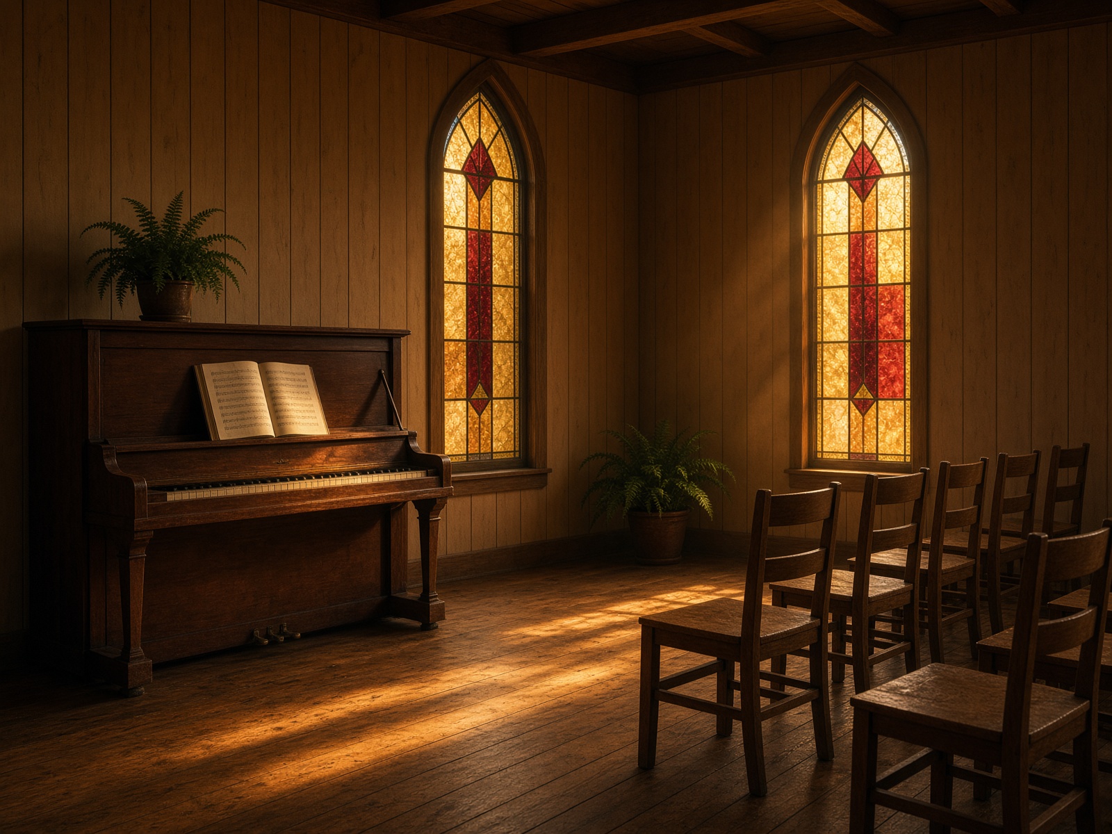 An upright piano and open songbook in a wooden fellowship hall, lit by stained glass