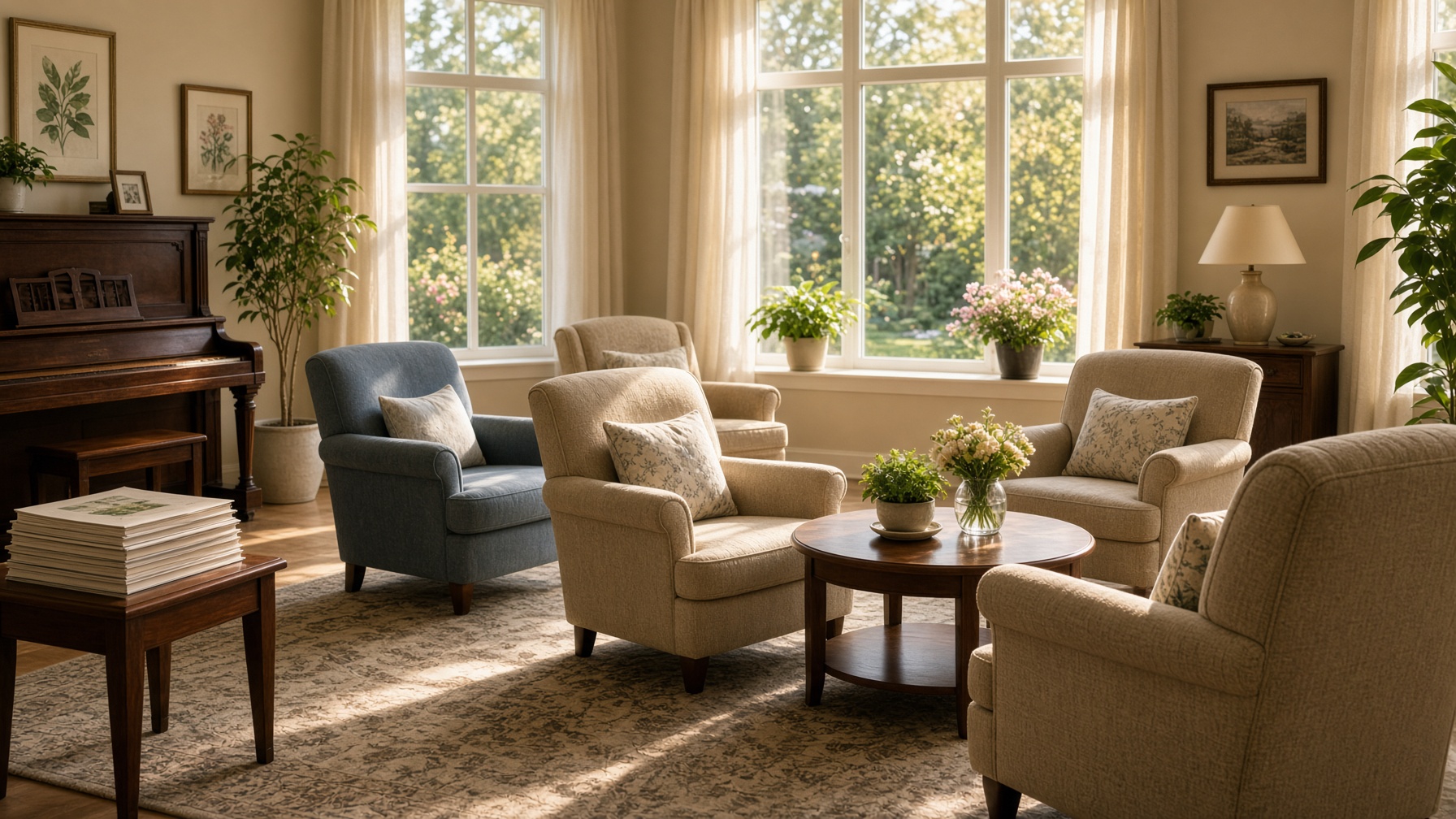 A bright care-home lounge with an upright piano, songbooks, and chairs in a semicircle