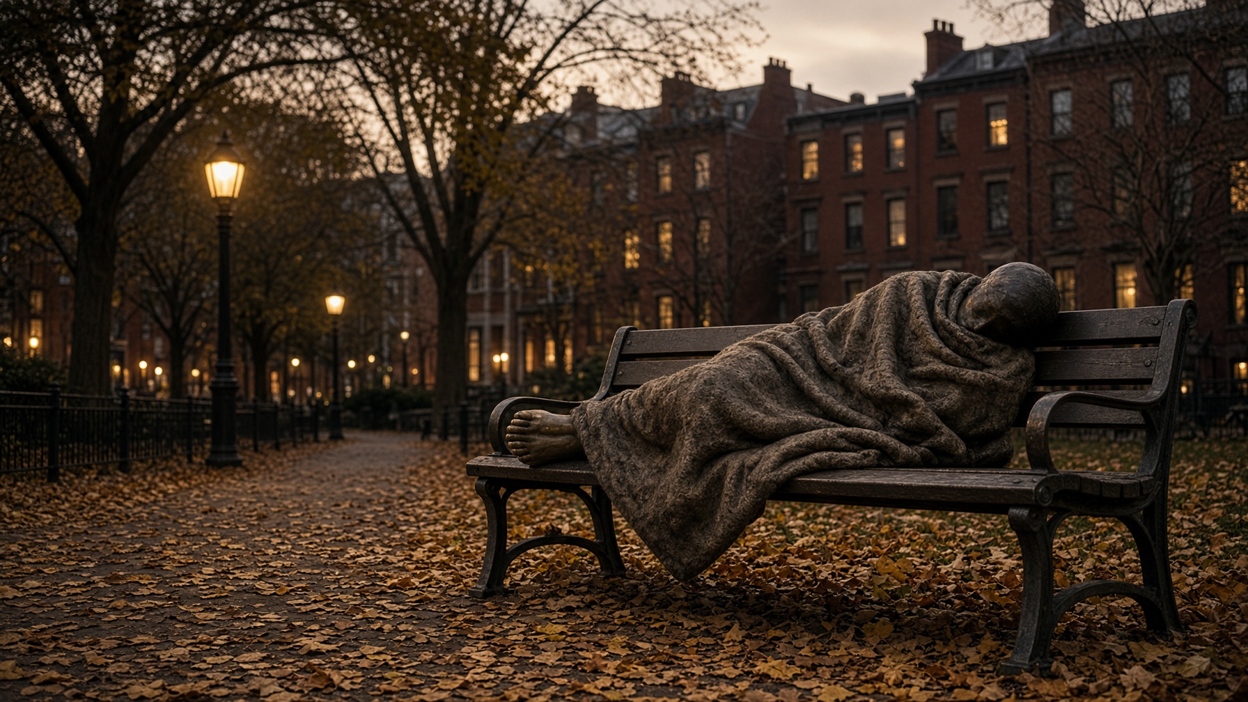 A bronze figure of a person sleeping on a park bench under a wool blanket at dusk