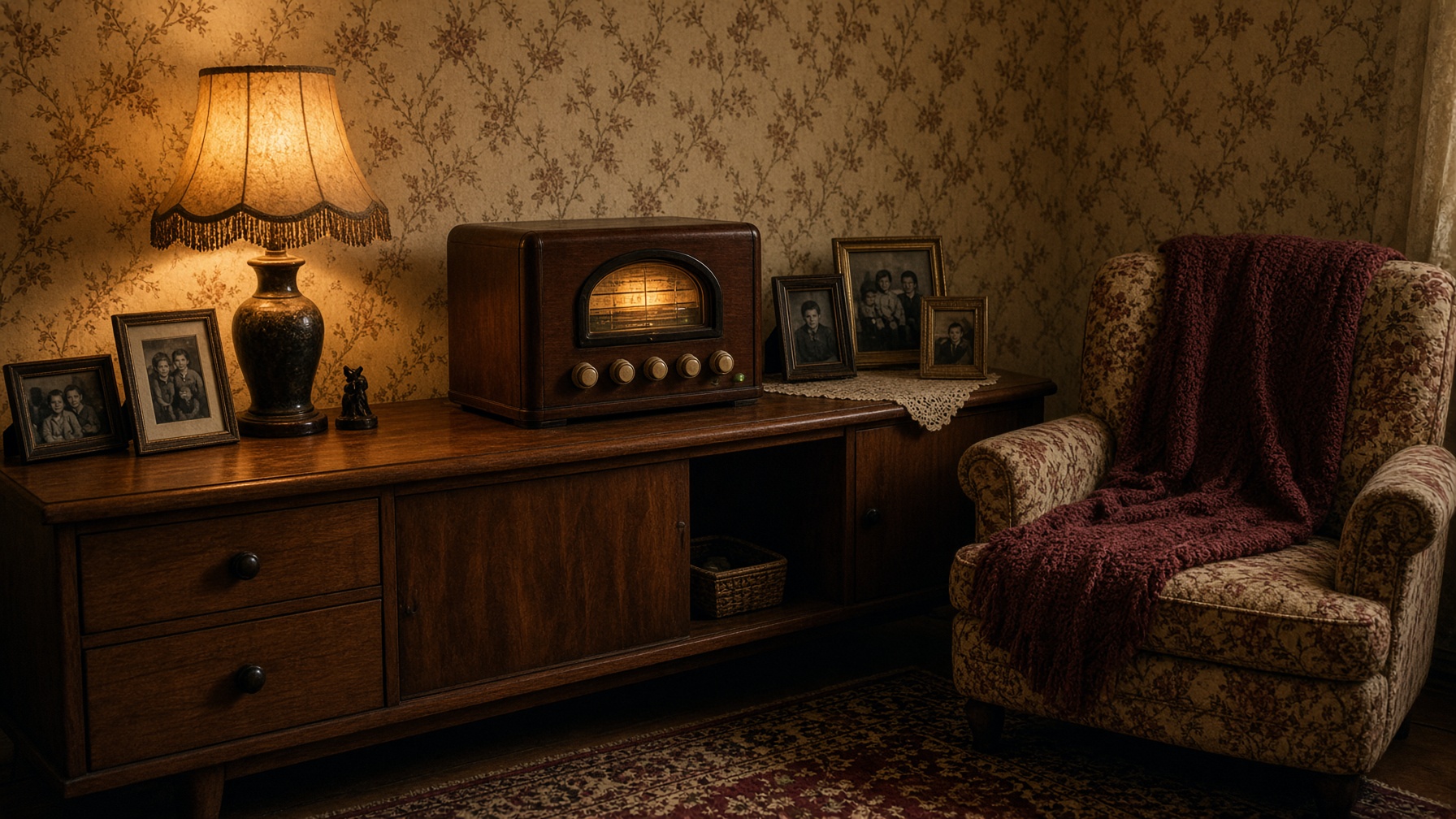 A 1960s living room centred on a glowing wooden radio