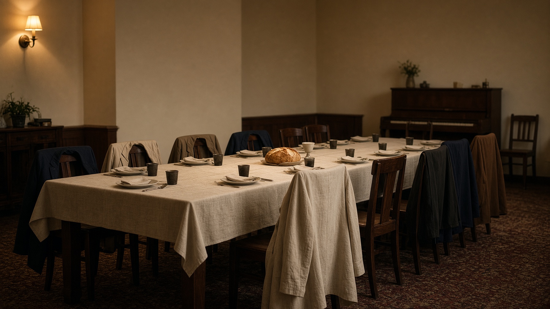 A long table set for the Last Supper in a church hall, with a linen robe on the centre chair